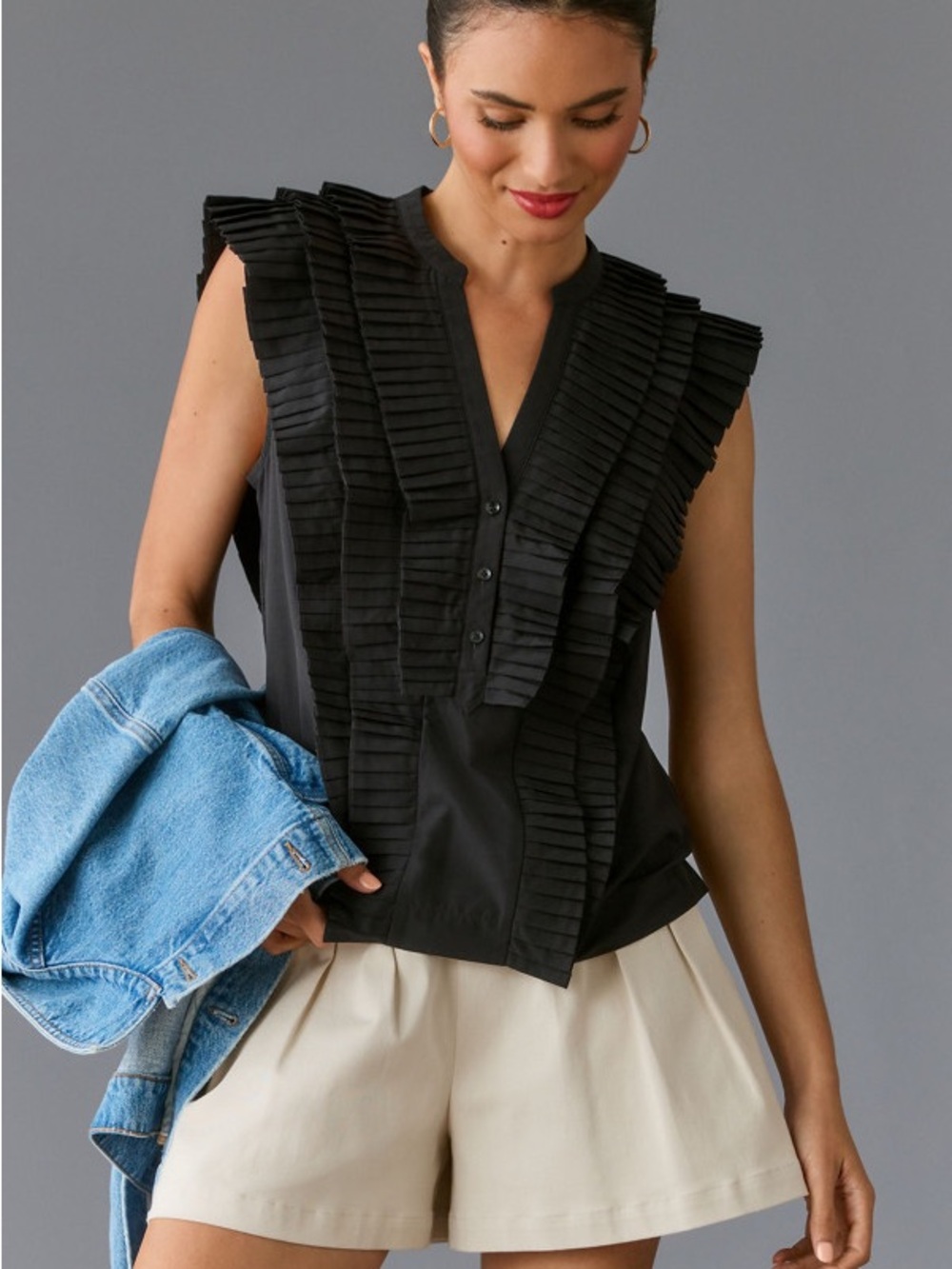 Anthropologie Black Pleated-Panel Sleeveless Blouse